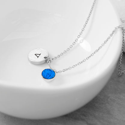 Personalised Monogram Silver Birthstone Crystal and Disc Necklace