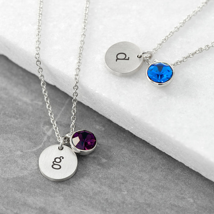 Personalised Monogram Silver Birthstone Crystal and Disc Necklace