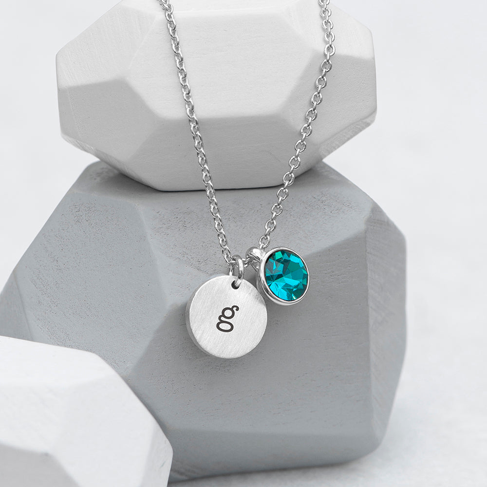 Personalised Monogram Silver Birthstone Crystal and Disc Necklace