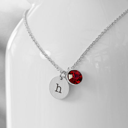 Personalised Monogram Silver Birthstone Crystal and Disc Necklace