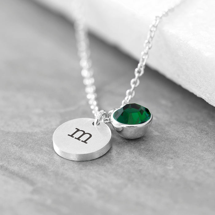 Personalised Monogram Silver Birthstone Crystal and Disc Necklace