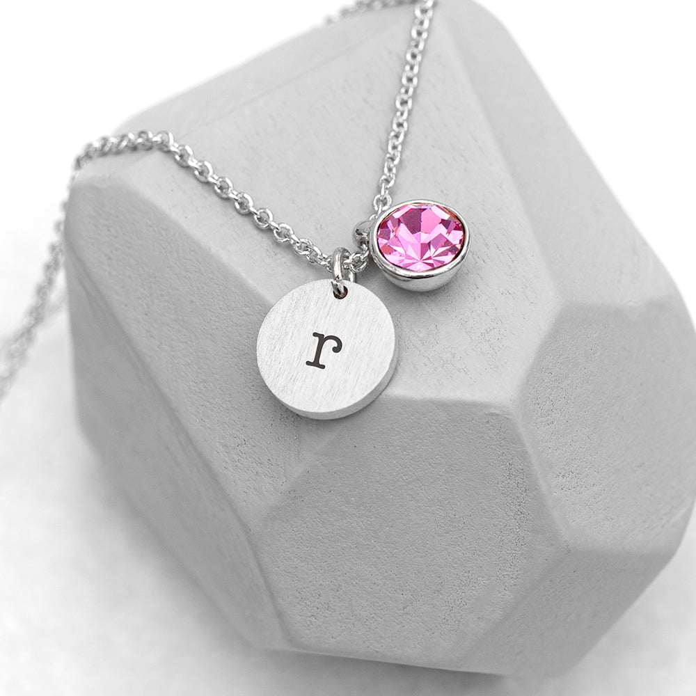 Personalised Monogram Silver Birthstone Crystal and Disc Necklace