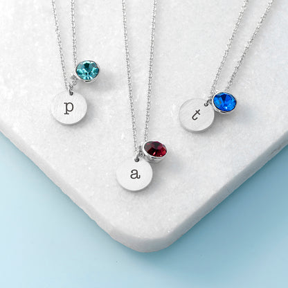 Personalised Monogram Silver Birthstone Crystal and Disc Necklace