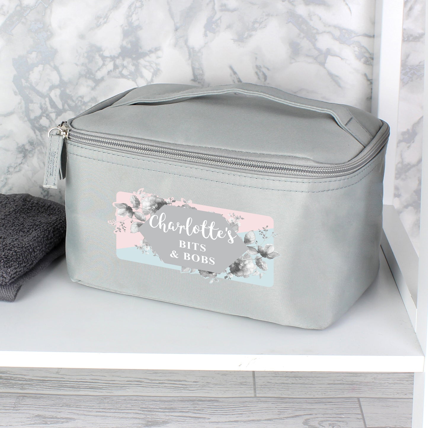 Personalised Floral Grey Toiletry Bag