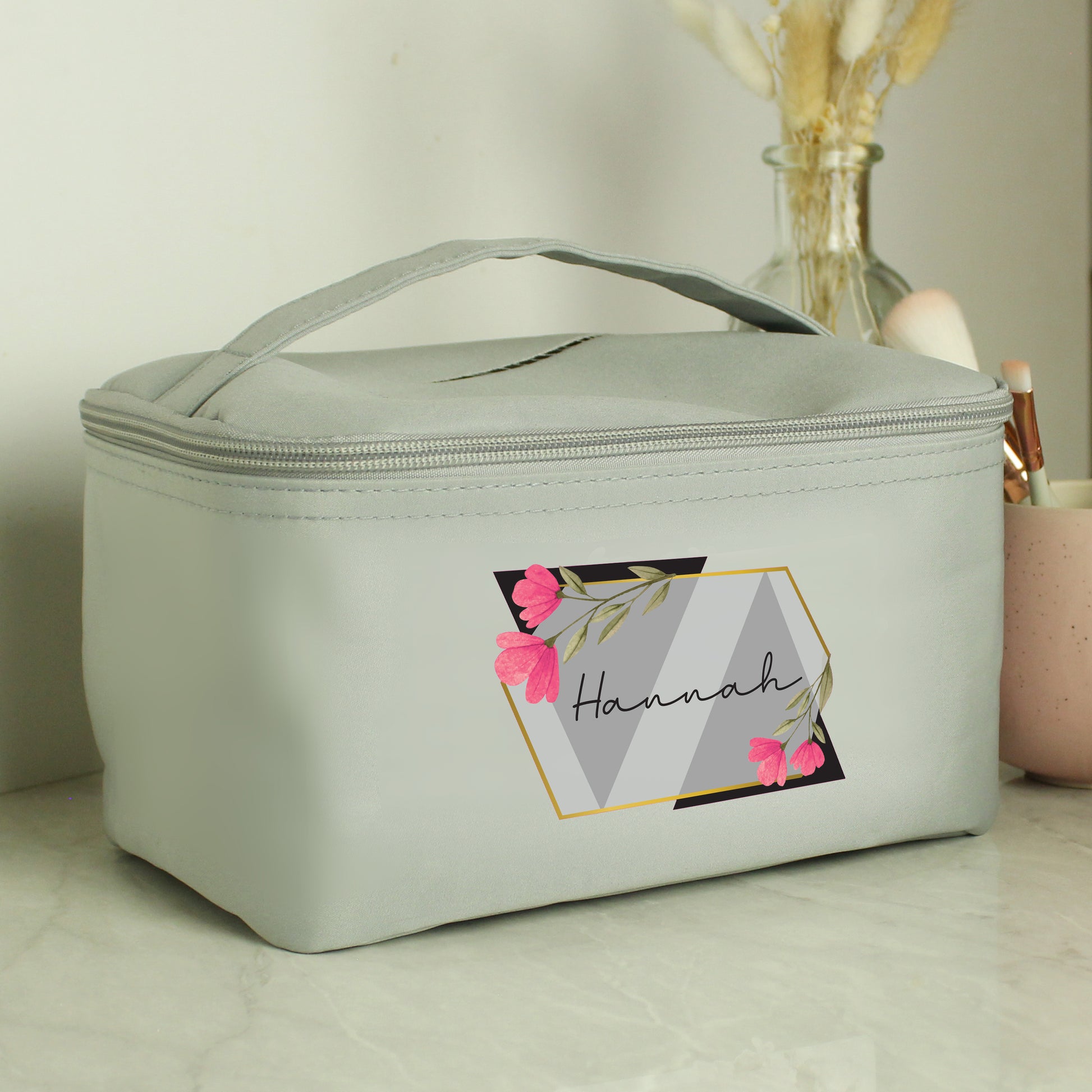 Personalised Floral Grey Toiletry Bag