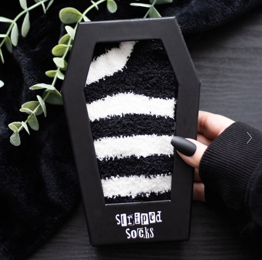 Fluffy Black & White Striped Socks in Coffin Gift Box