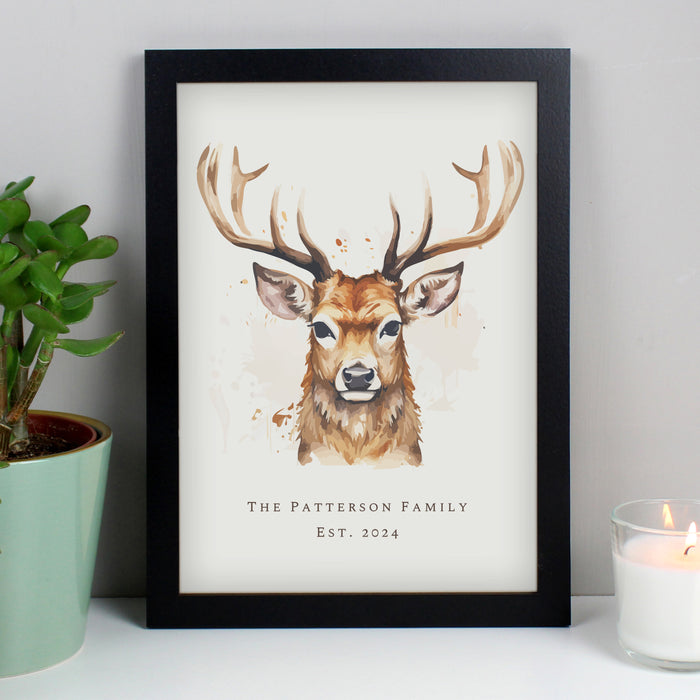 Personalised Watercolour Stag A4 Framed Print Wall Art