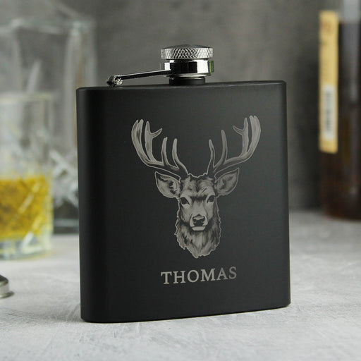 Personalised Stag Design Black Hip Flask