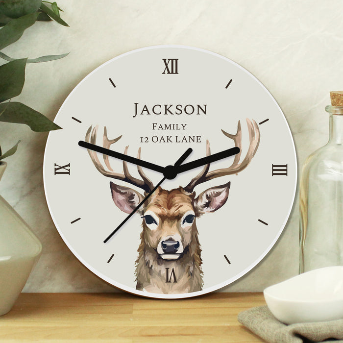 Personalised Watercolour Stag Design Wooden Clock