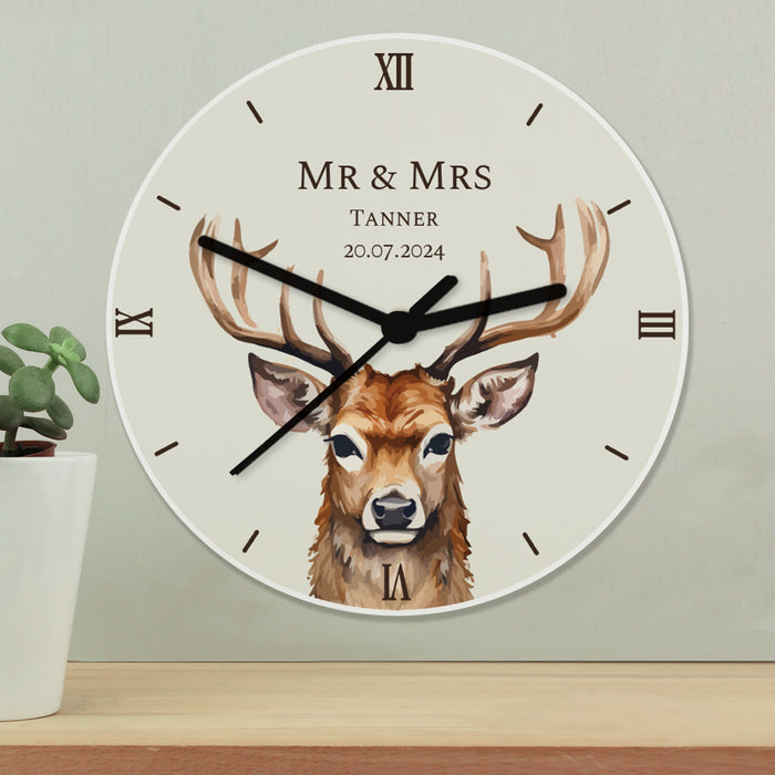 Personalised Watercolour Stag Design Wooden Clock