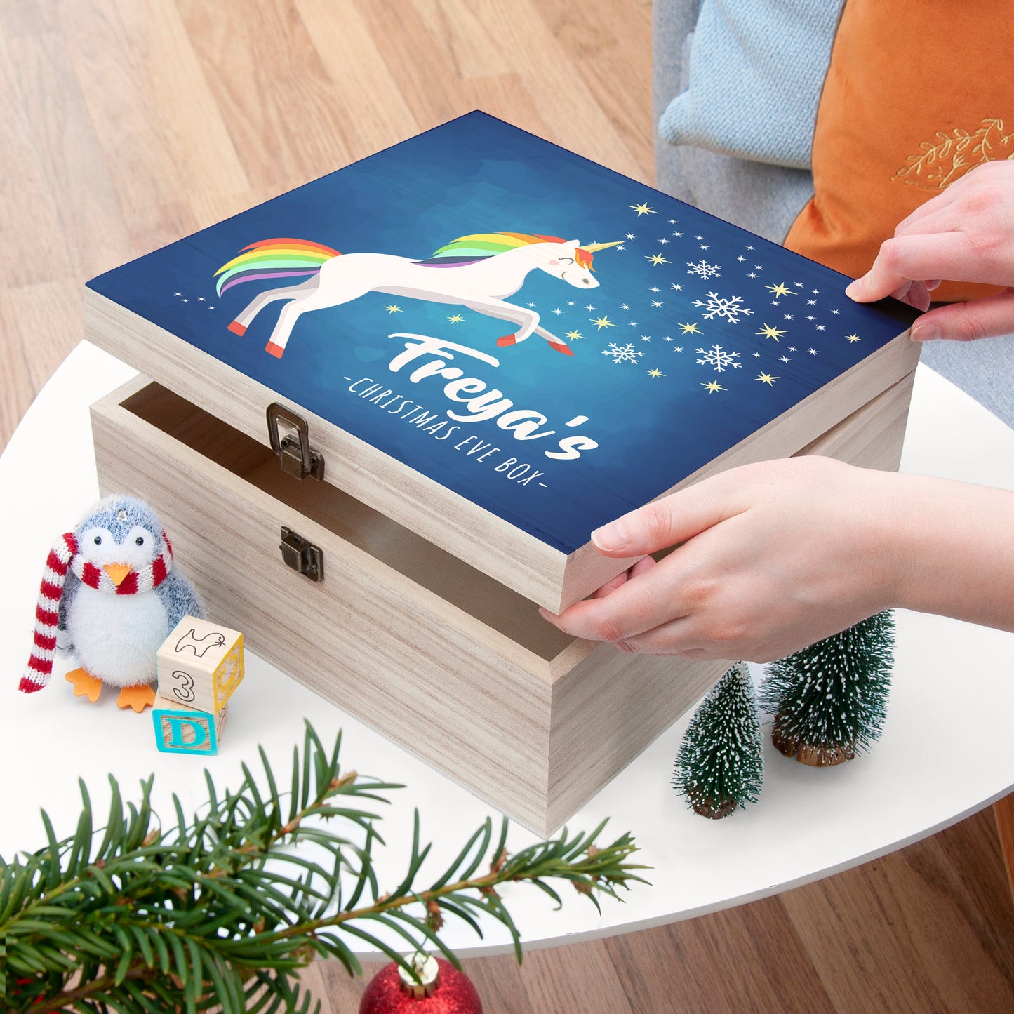 Personalised Rainbow Unicorn Wooden Christmas Eve Box