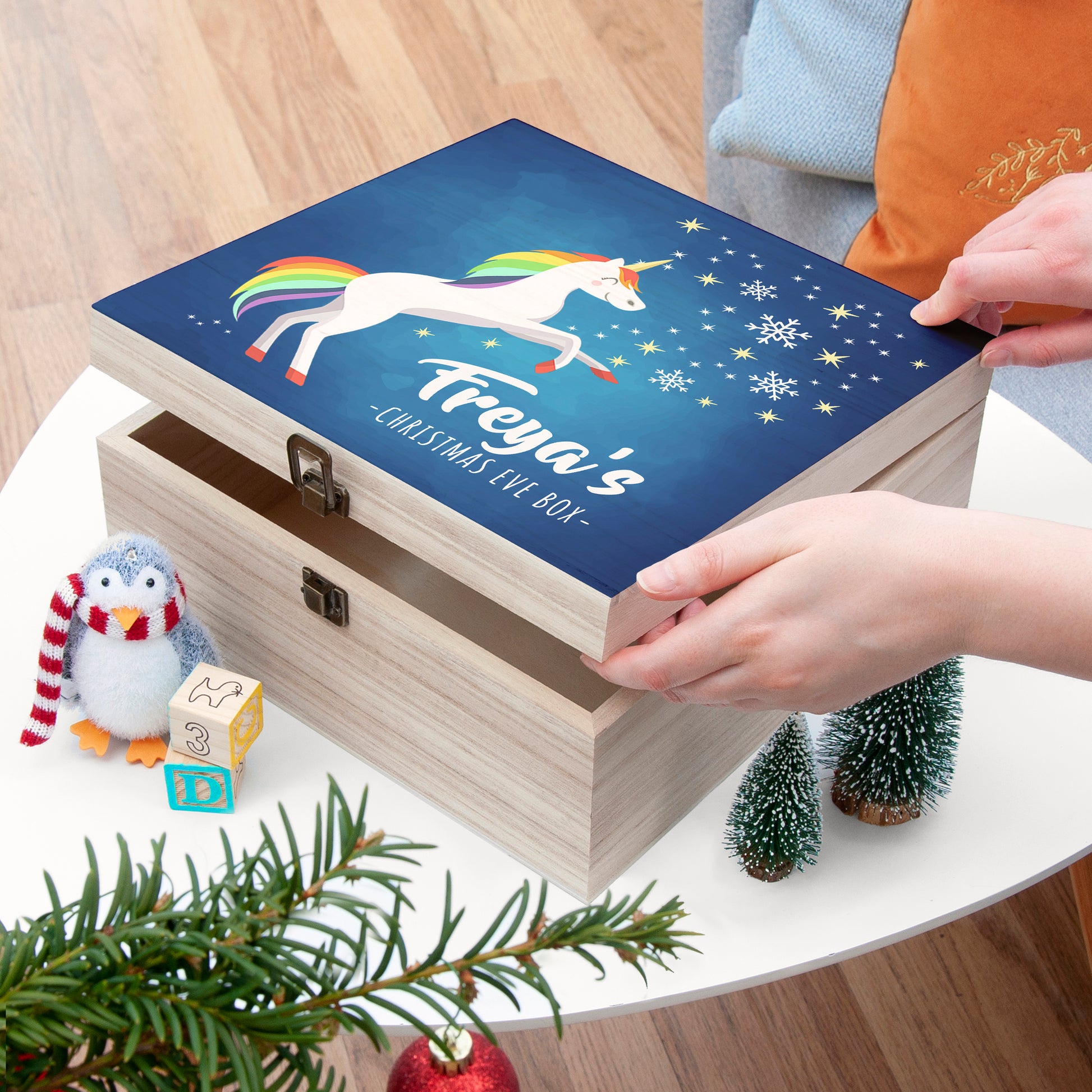 Personalised Rainbow Unicorn Wooden Christmas Eve Box