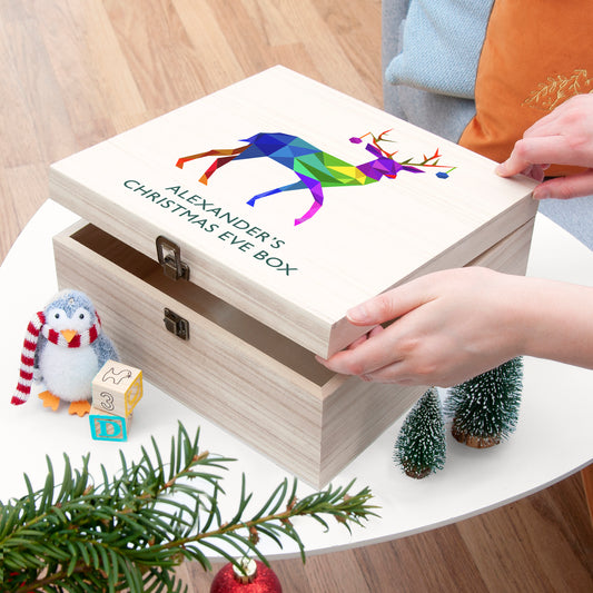 Personalised Geometric Reindeer Wooden Christmas Eve Box