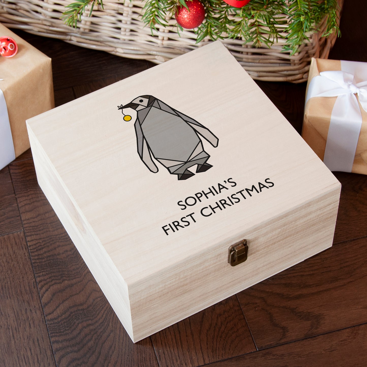 Personalised Baby Penguin Wooden First Christmas Eve Box