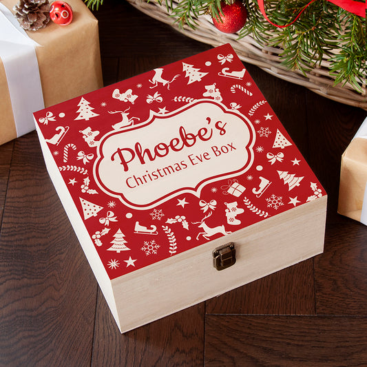 Personalised Red Festive Pattern Wooden Christmas Eve Box