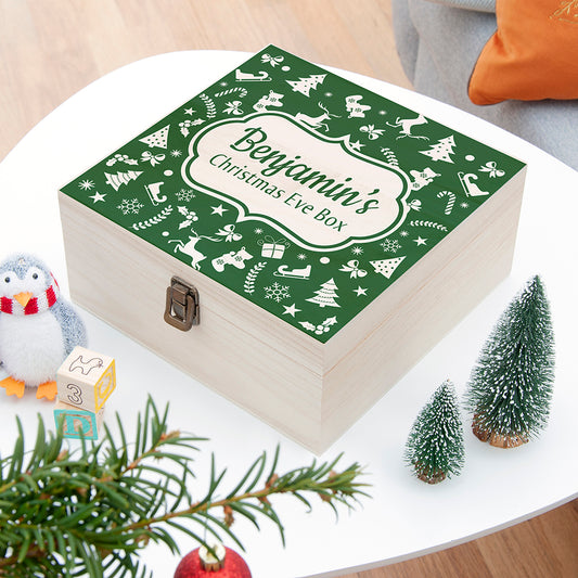 Personalised Green Festive Pattern Wooden Christmas Eve Box