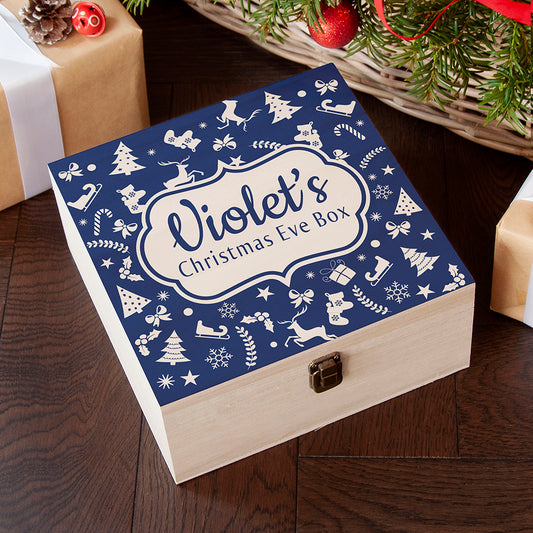 Personalised Blue Festive Pattern Wooden Christmas Eve Box