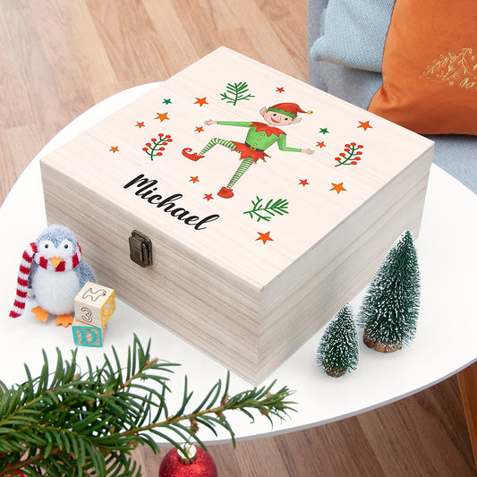 Personalised Boy Elf Wooden Christmas Eve Box