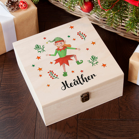 Personalised Girl Elf Wooden Christmas Eve Box