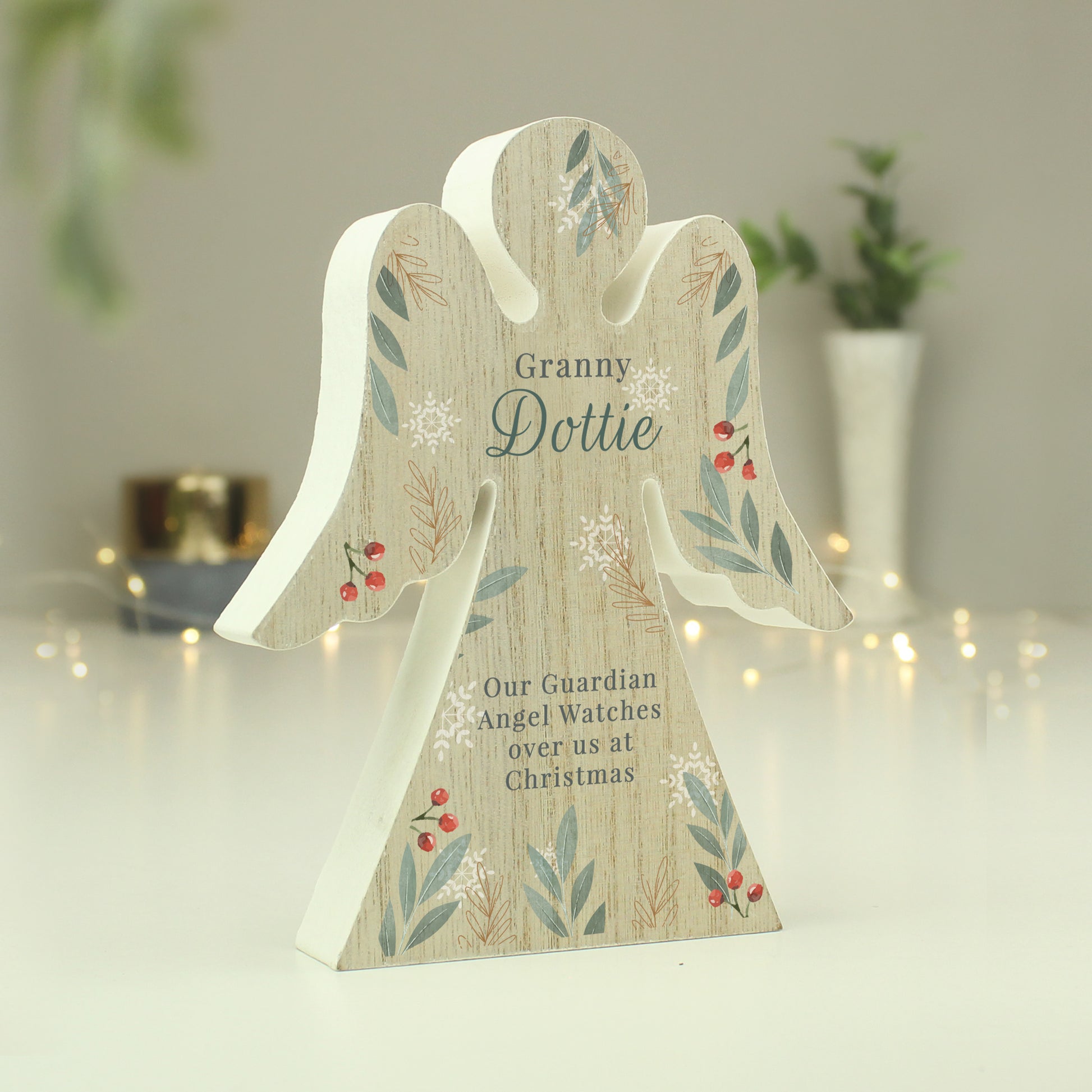 Personalised Christmas Foliage Wooden Angel Memorial Ornament