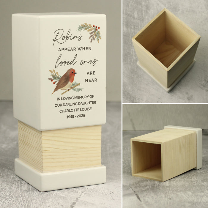 Personalised Robins Appear Small Wooden Urn For Ashes