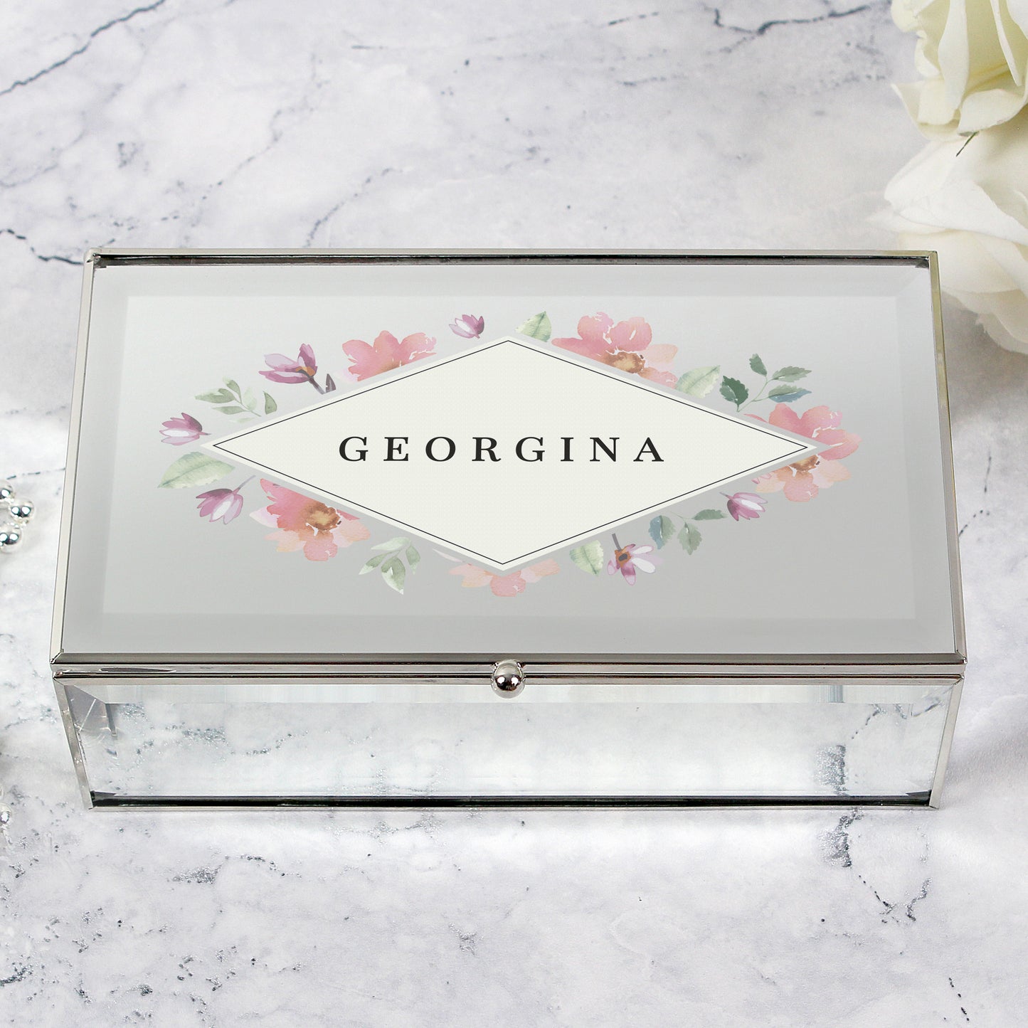 Personalised Floral Watercolour Mirrored Jewellery Box