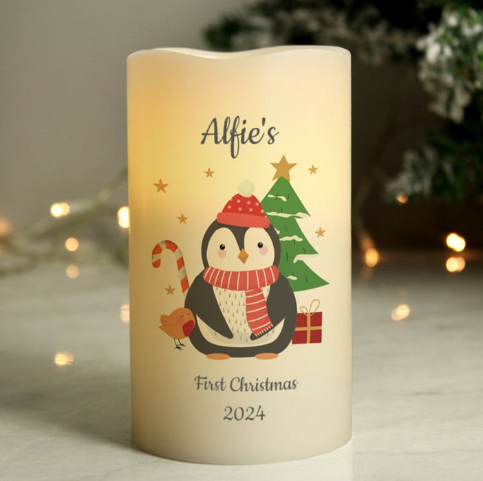 Personalised Baby’s First Christmas Penguin LED Candle