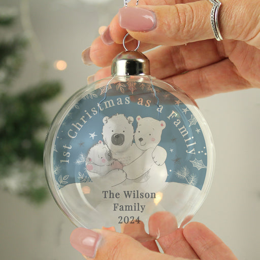 Personalised First Christmas as a Family Polar Bear Glass Bauble