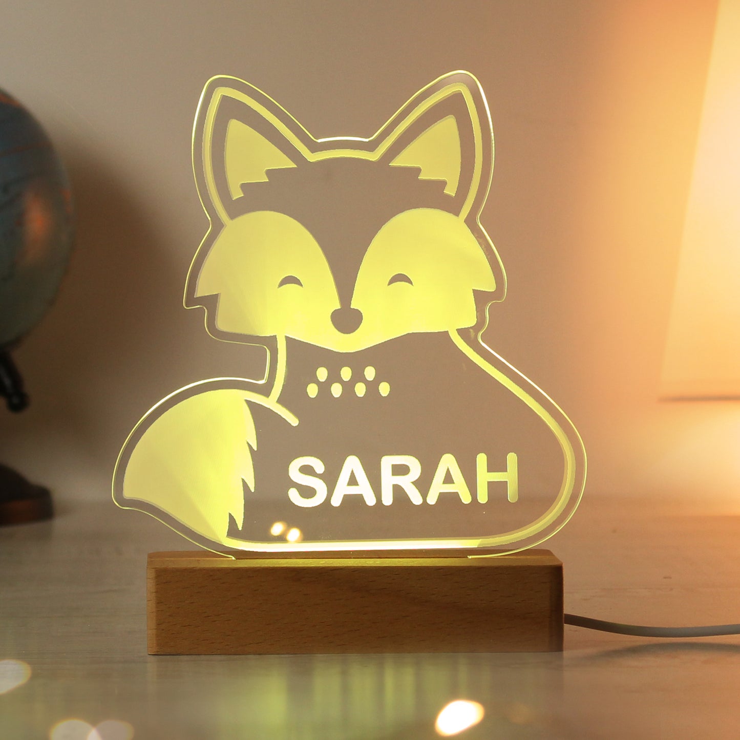 Personalised Fox Wooden Based LED Light - Free Delivery 