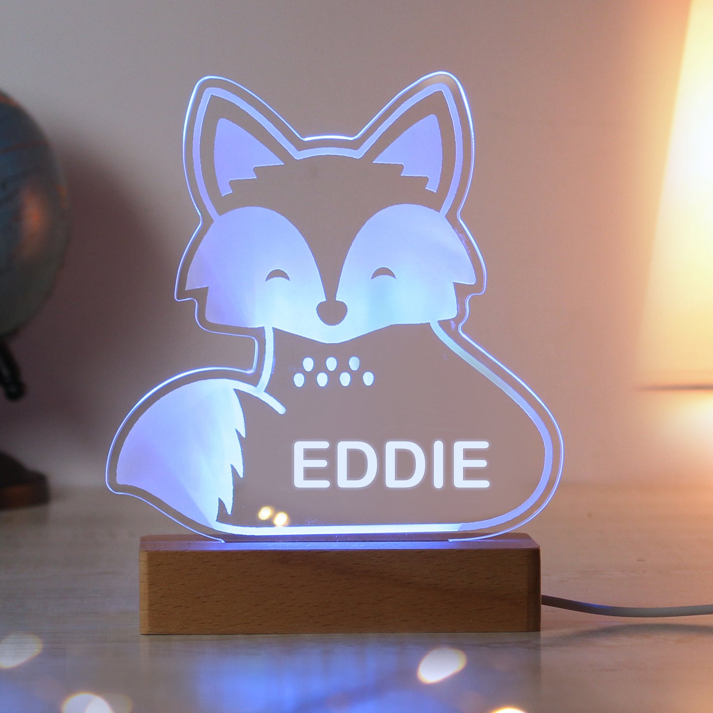 Personalised Fox Wooden Based LED Light - Free Delivery 