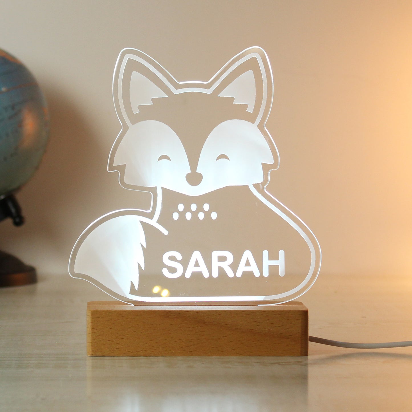 Personalised Fox Wooden Based LED Light - Free Delivery 