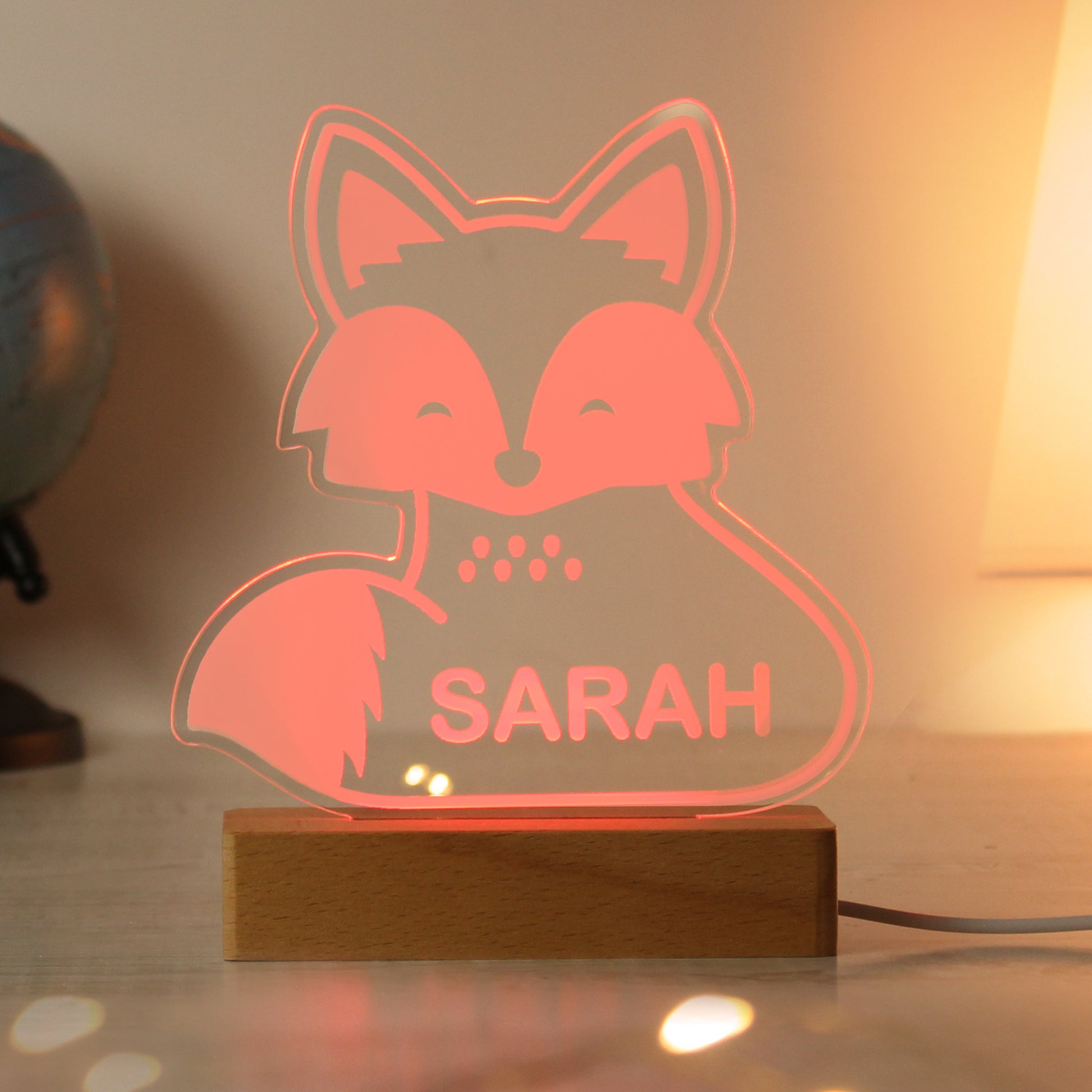 Personalised Fox Wooden Based LED Light - Free Delivery 