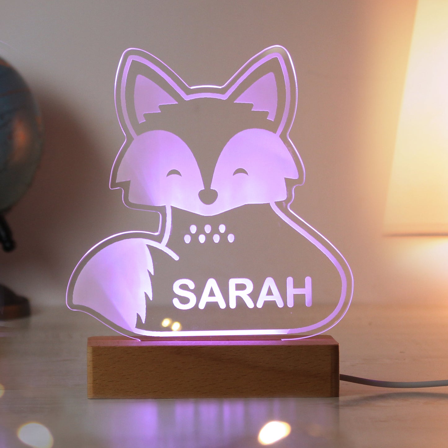 Personalised Fox Wooden Based LED Light - Free Delivery 