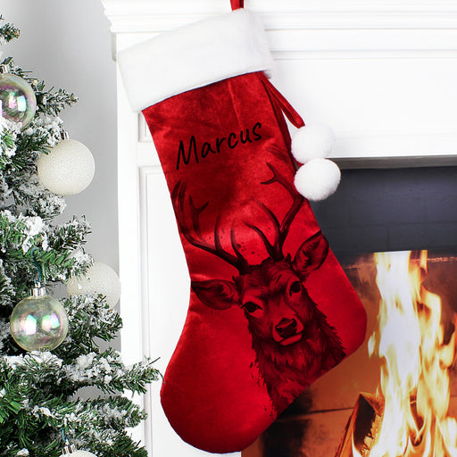 Personalised Stag Red Velvet Christmas Stocking