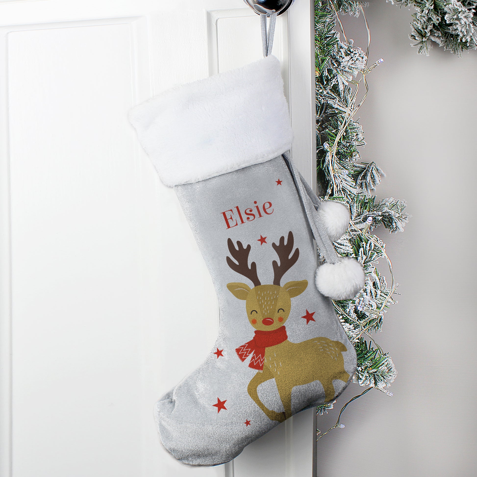 Personalised Reindeer Silver Grey Velvet Christmas Stocking