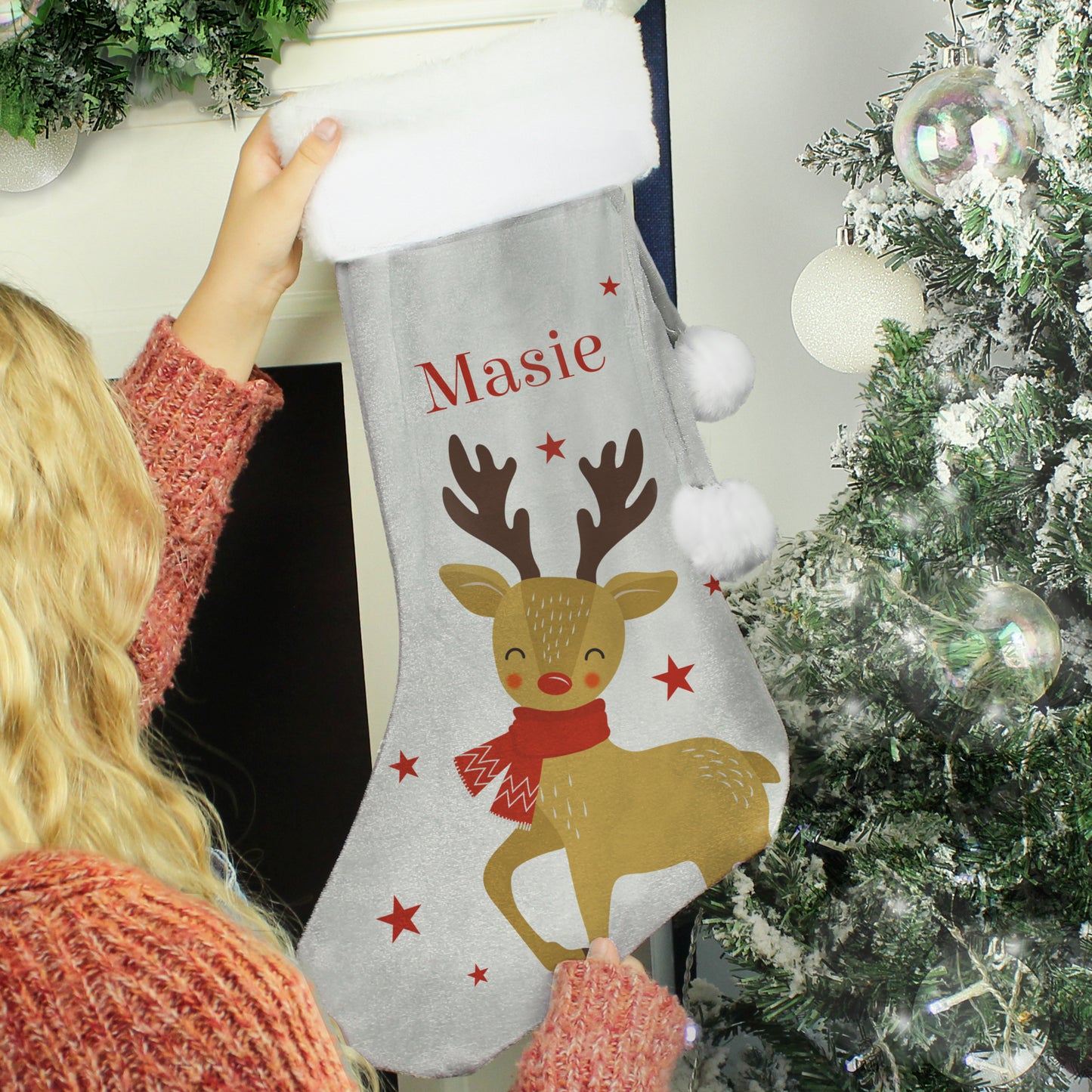 Personalised Reindeer Silver Grey Velvet Christmas Stocking