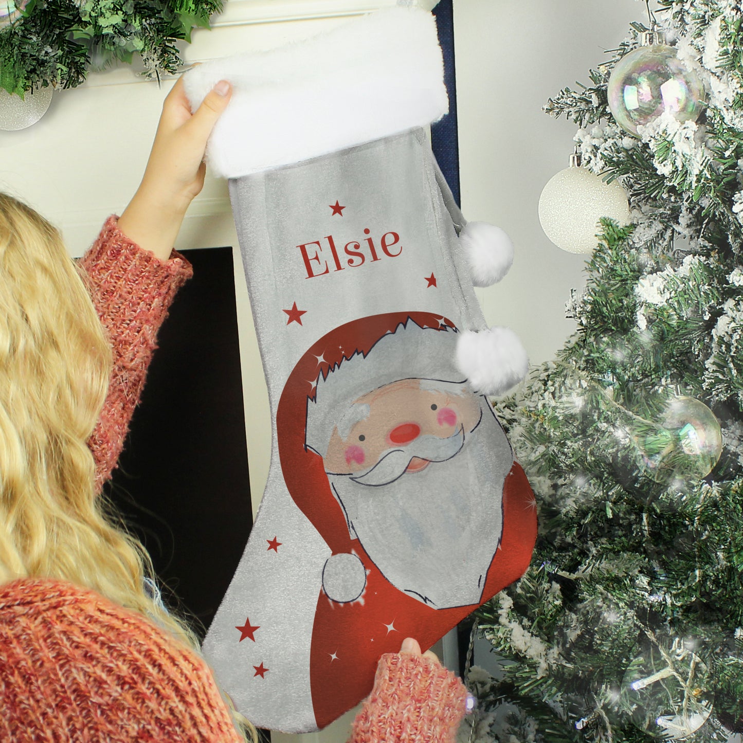 Personalised Santa Silver Grey Velvet Christmas Stocking