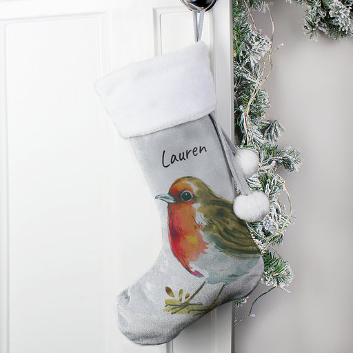 Personalised Robin Silver Grey Velvet Christmas Stocking