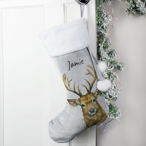 Personalised Stag Silver Grey Velvet Christmas Stocking