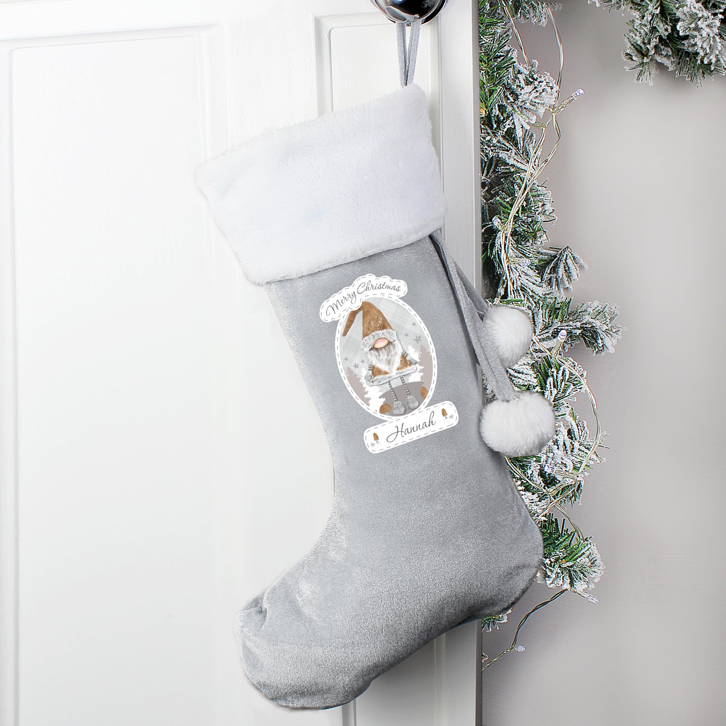 Personalised Christmas Gonk Silver Grey Velvet Stocking