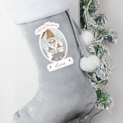 Personalised Christmas Gonk Silver Grey Velvet Stocking