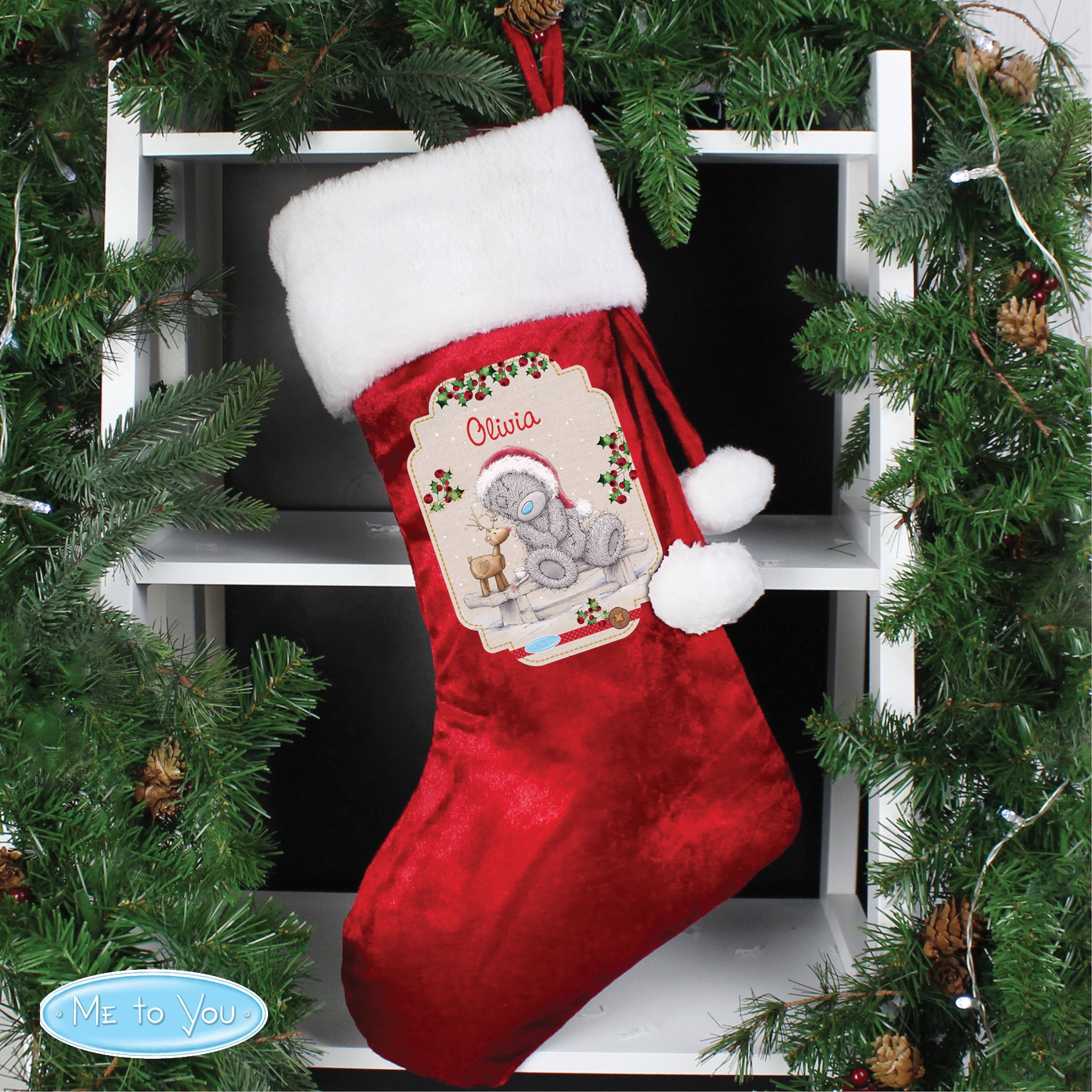 Personalised Me to You Reindeer Red Velvet Christmas Stocking