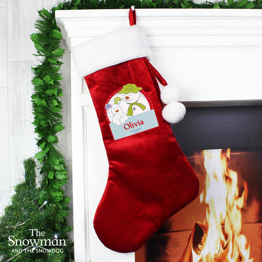 Personalised The Snowman and the Snowdog Red Velvet Christmas Stocking