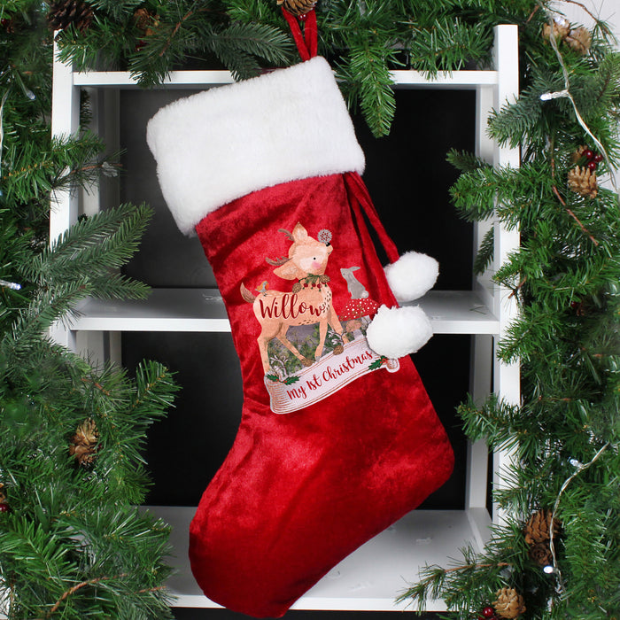 Personalised Festive Fawn 1st Christmas Red Velvet Stocking