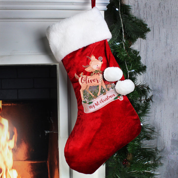 Personalised Festive Fawn 1st Christmas Red Velvet Stocking