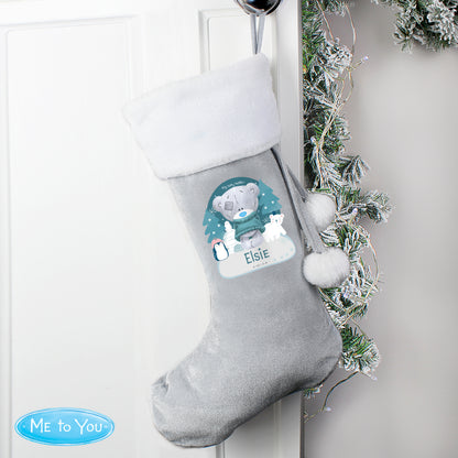 Personalised First Christmas Tiny Tatty Teddy Silver Grey Velvet Stocking