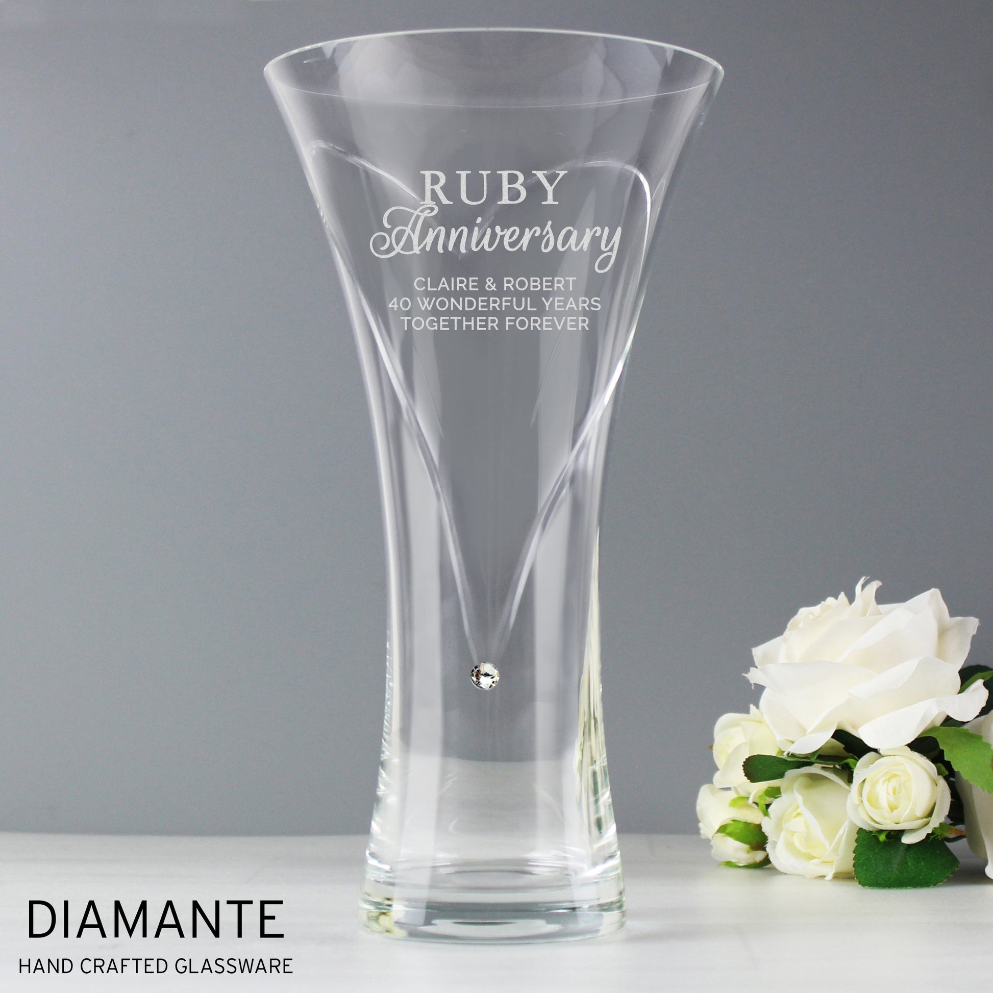 Personalised Ruby Anniversary Large Hand Cut Diamante Heart Vase