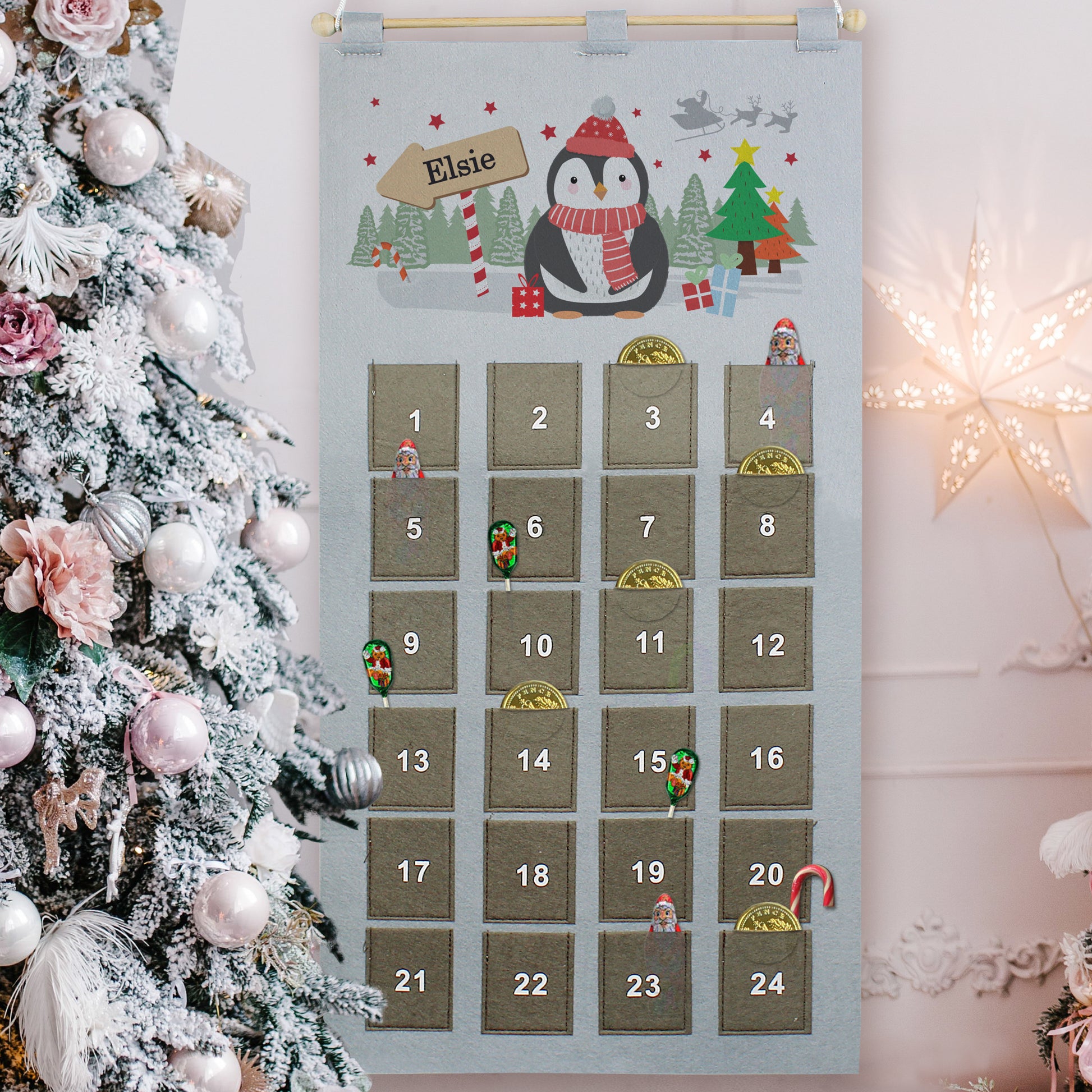 Personalised Christmas Penguin Advent Calendar In Silver Grey