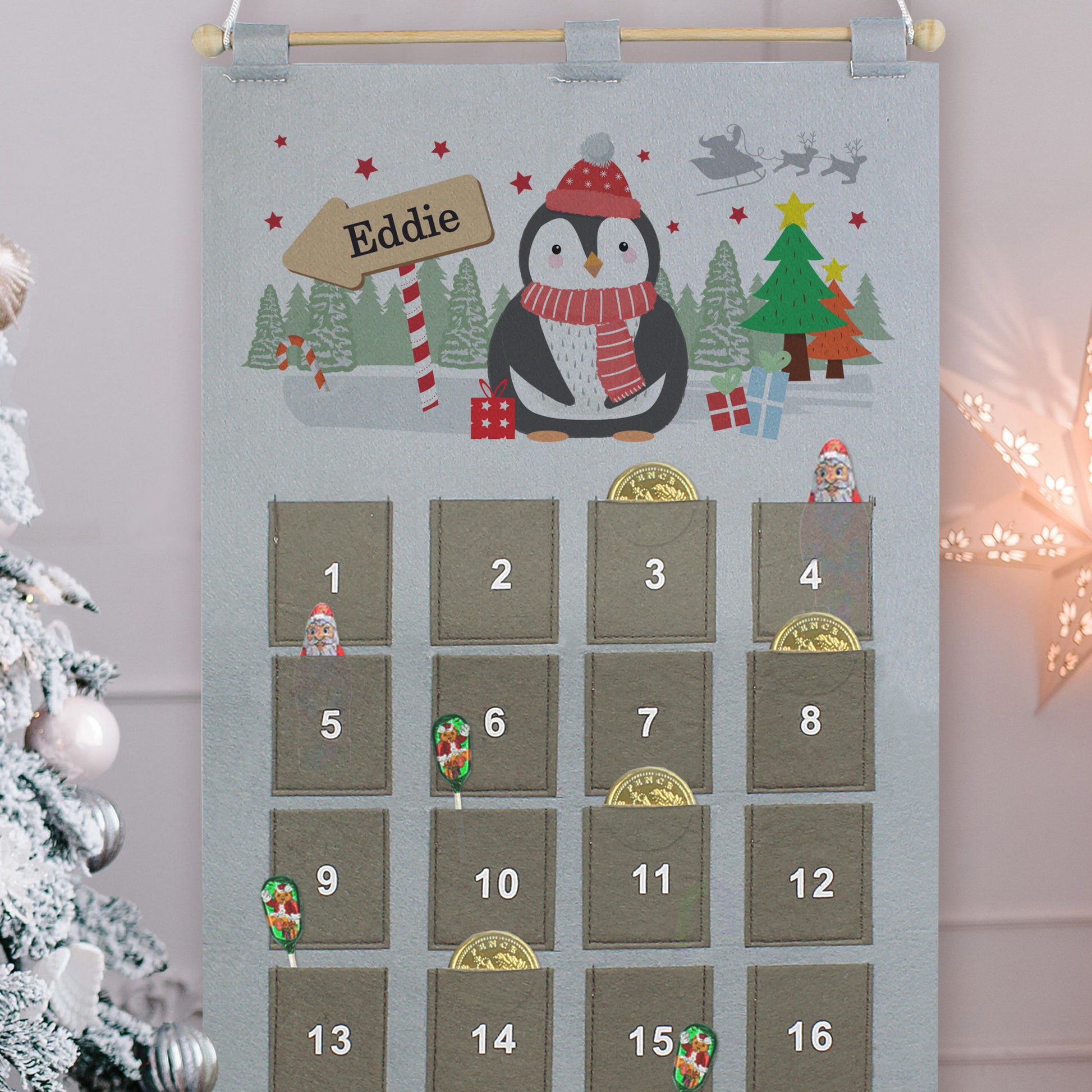 Personalised Christmas Penguin Advent Calendar In Silver Grey