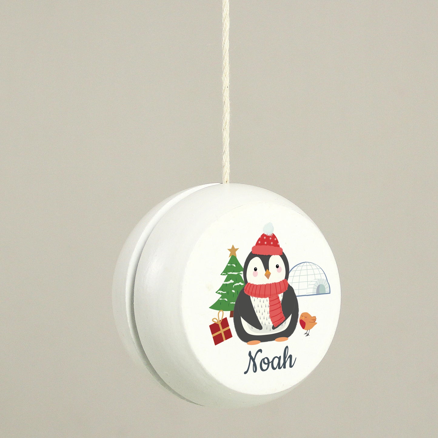 Personalised Christmas Penguin White Wooden Yoyo